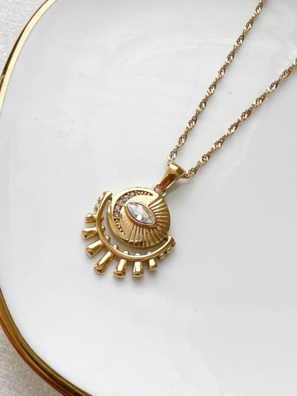 NEW 18k Gold Evil Eye Pendant Necklace Boho Celestial Sun Pendant Necklace